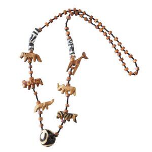 Hand-Carved Animal Bead Necklace Safari Wildlife Theme Giraffes Zebra Rhino